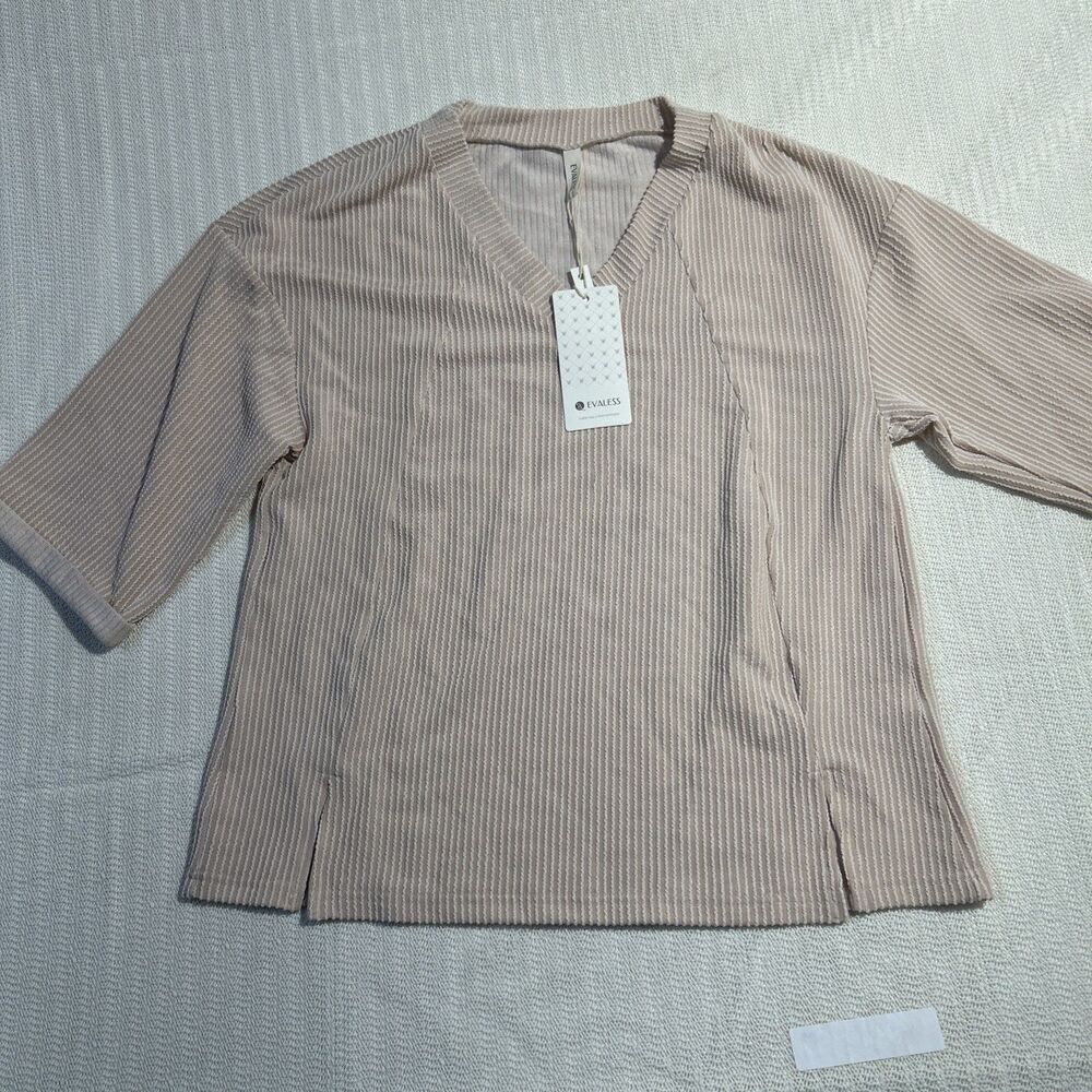 EVALESS Women’s Beige Ribbed Knit Stretch V  Neck Pullover Top Size S